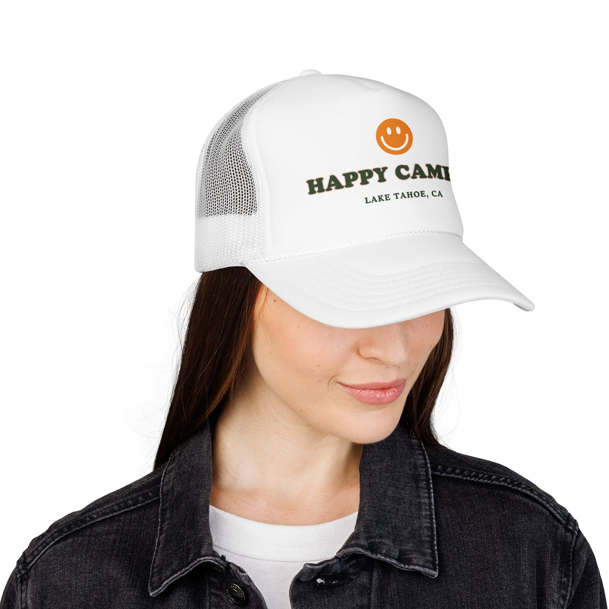 Happy Camper Trucker Hat — Lake Tahoe Smiley Foam Cap