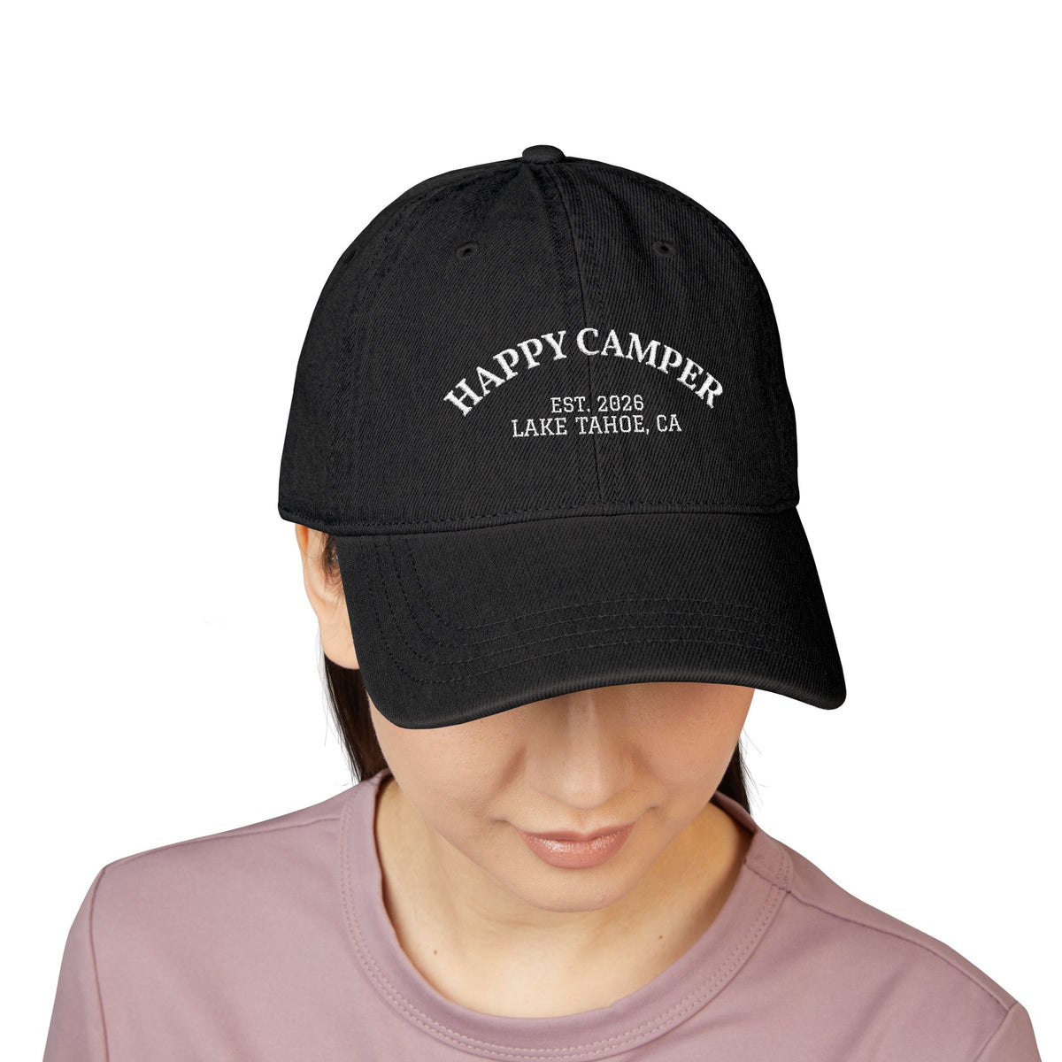 Happy Camper Embroidered Denim Hat — Lake Tahoe Est. 2020