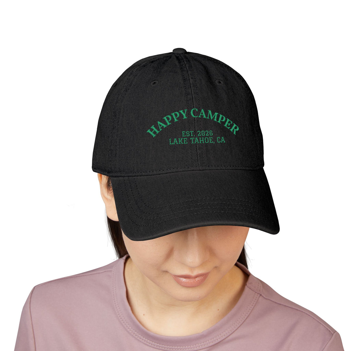 Happy Camper Embroidered Denim Hat — Lake Tahoe Est. 2020