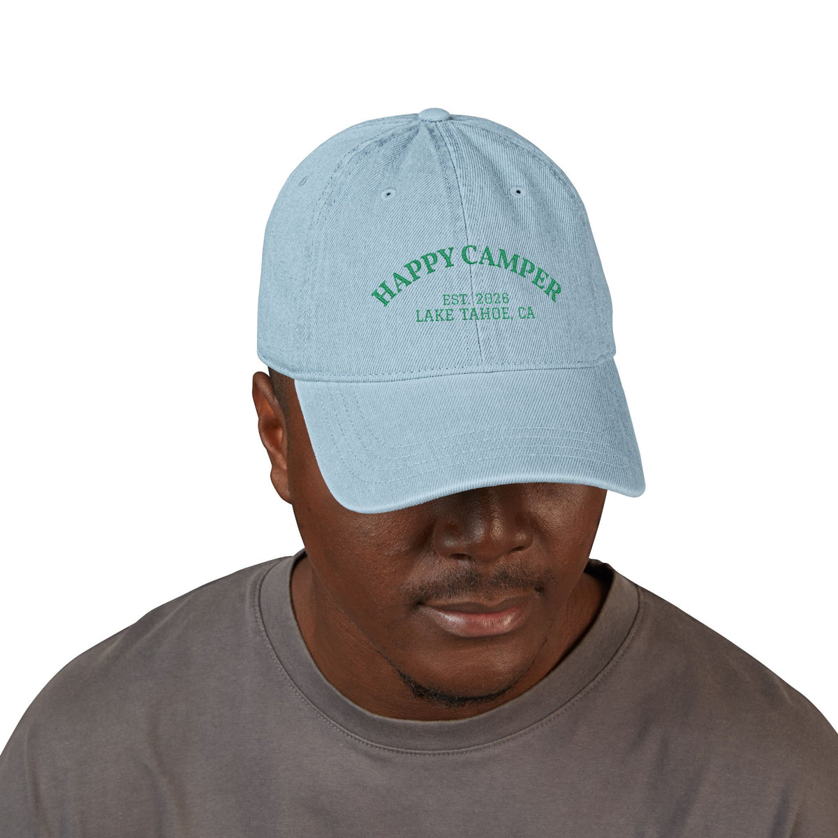 Happy Camper Embroidered Denim Hat — Lake Tahoe Est. 2020