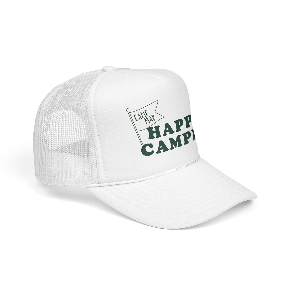 Happy Camper Trucker Hat — Retro Camp Flag Foam Cap