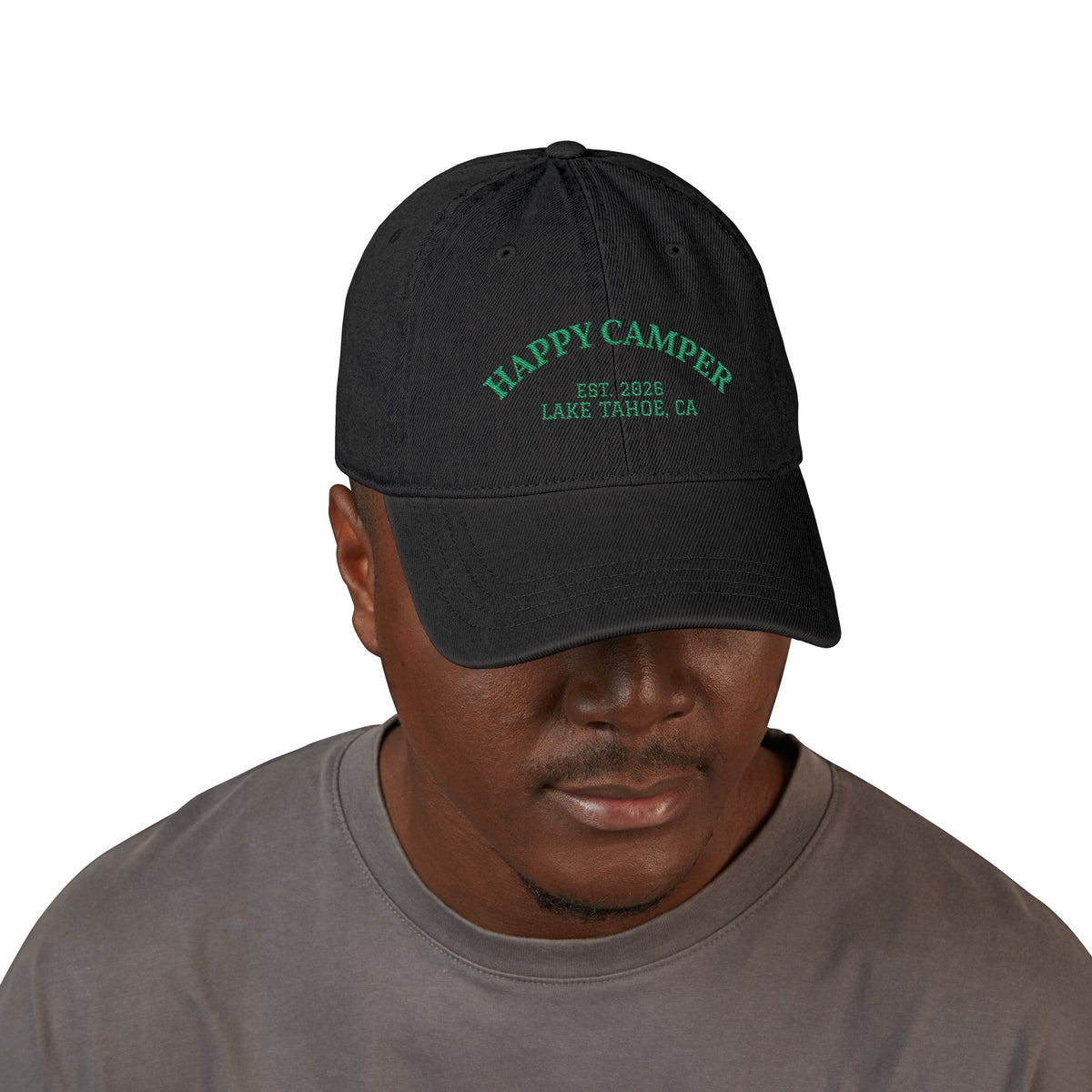 Happy Camper Embroidered Denim Hat — Lake Tahoe Est. 2020