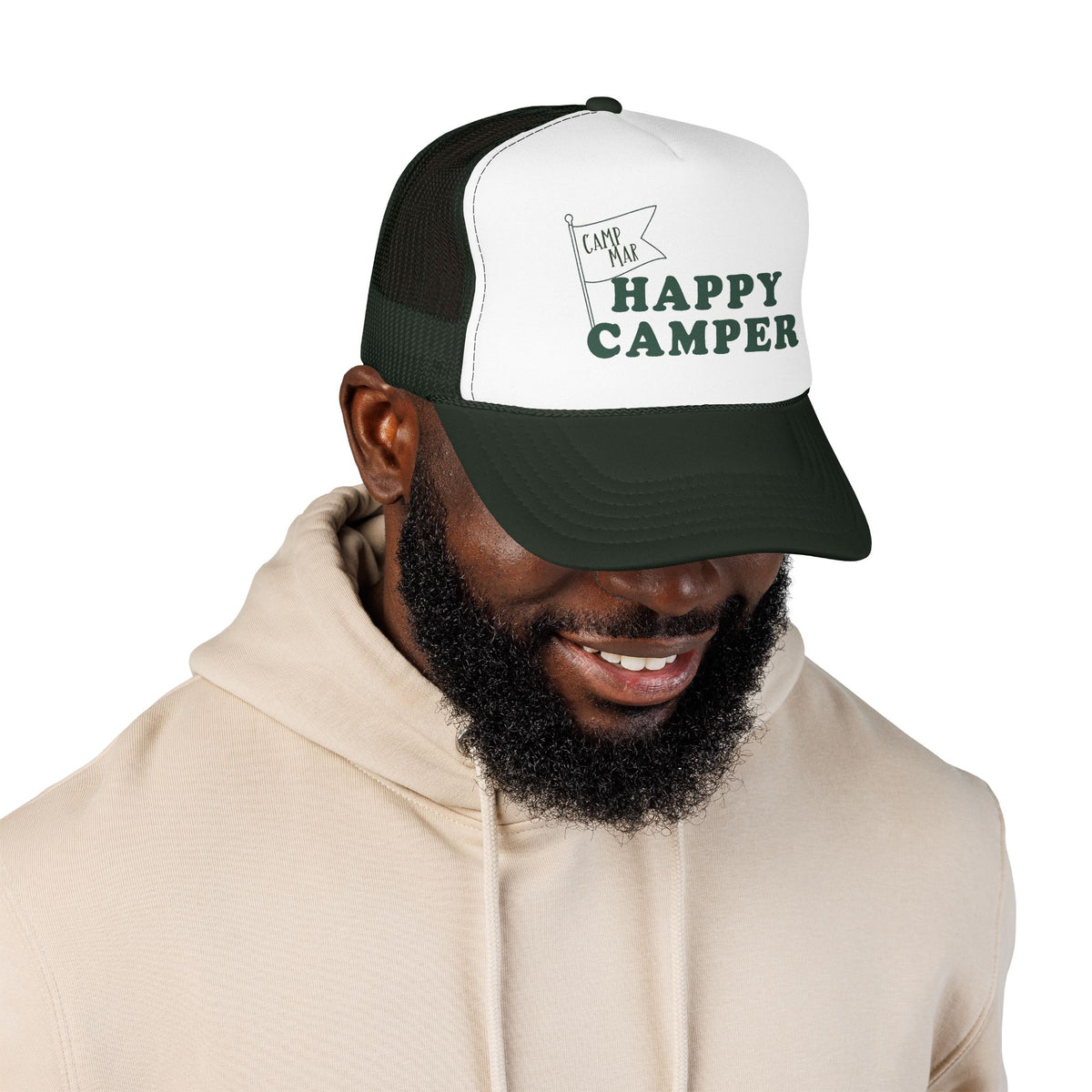 Happy Camper Trucker Hat — Retro Camp Flag Foam Cap