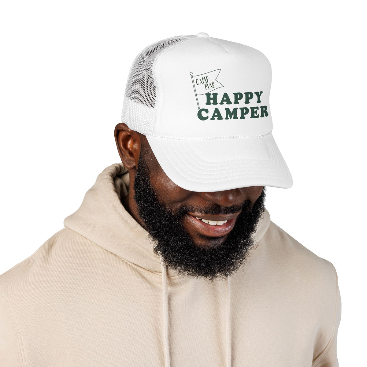 Happy Camper Trucker Hat — Retro Camp Flag Foam Cap