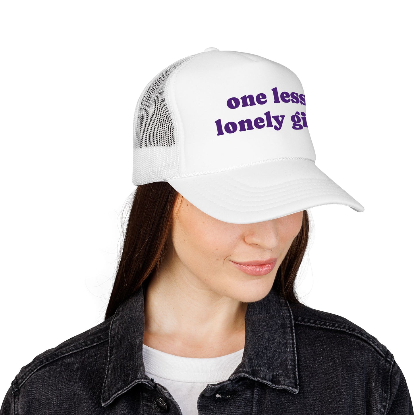 Copy of Trucker Hat — "one less lonely girl" Purple Text Foam Cap