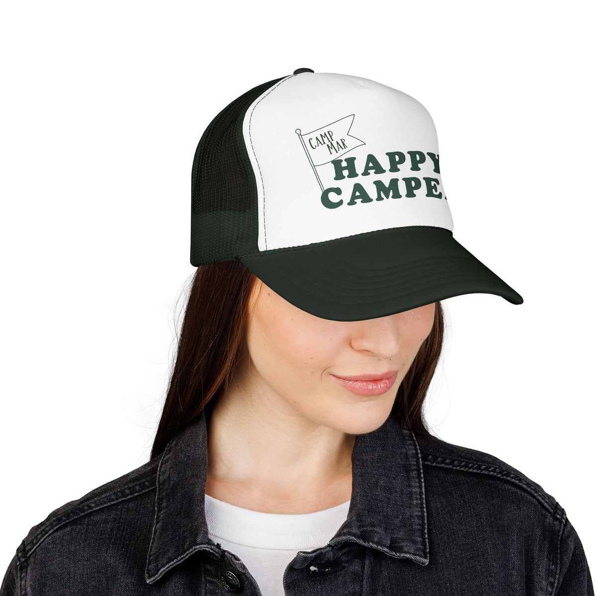 Happy Camper Trucker Hat — Retro Camp Flag Foam Cap