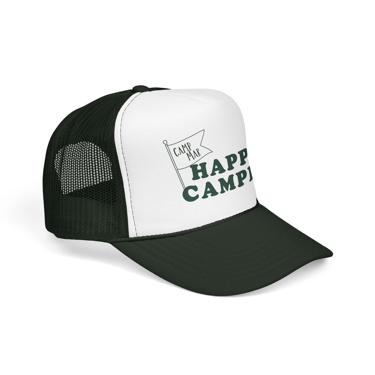 Happy Camper Trucker Hat — Retro Camp Flag Foam Cap