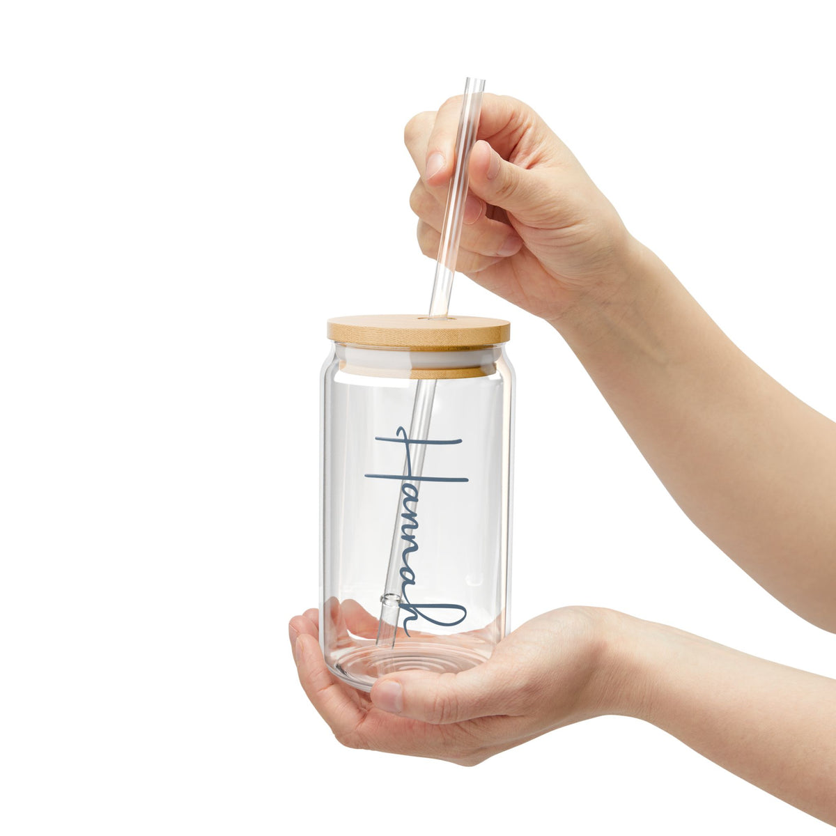 Personalized 16oz Glass Sipper Tumbler with Bamboo Lid & Straw — Custom Name
