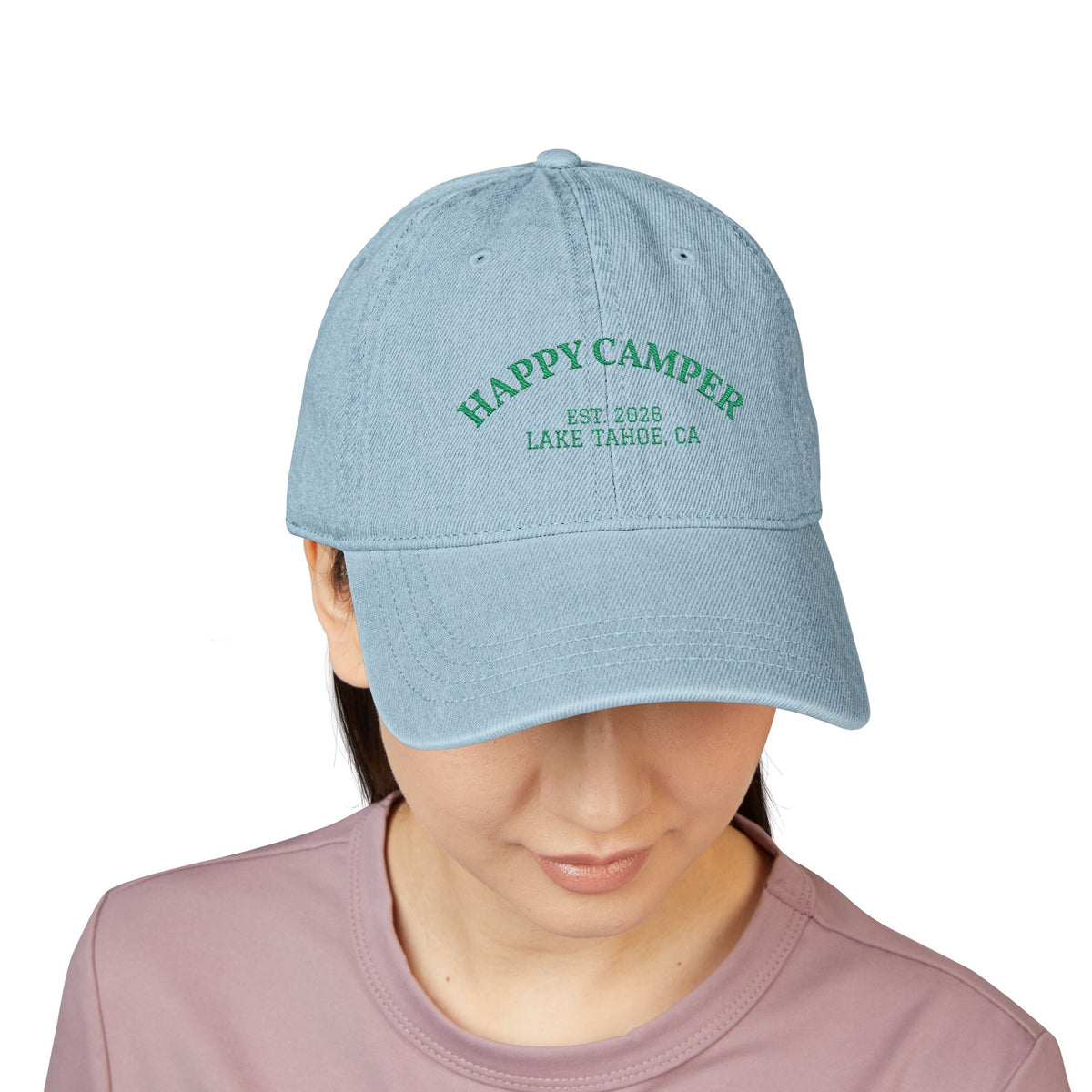 Happy Camper Embroidered Denim Hat — Lake Tahoe Est. 2020