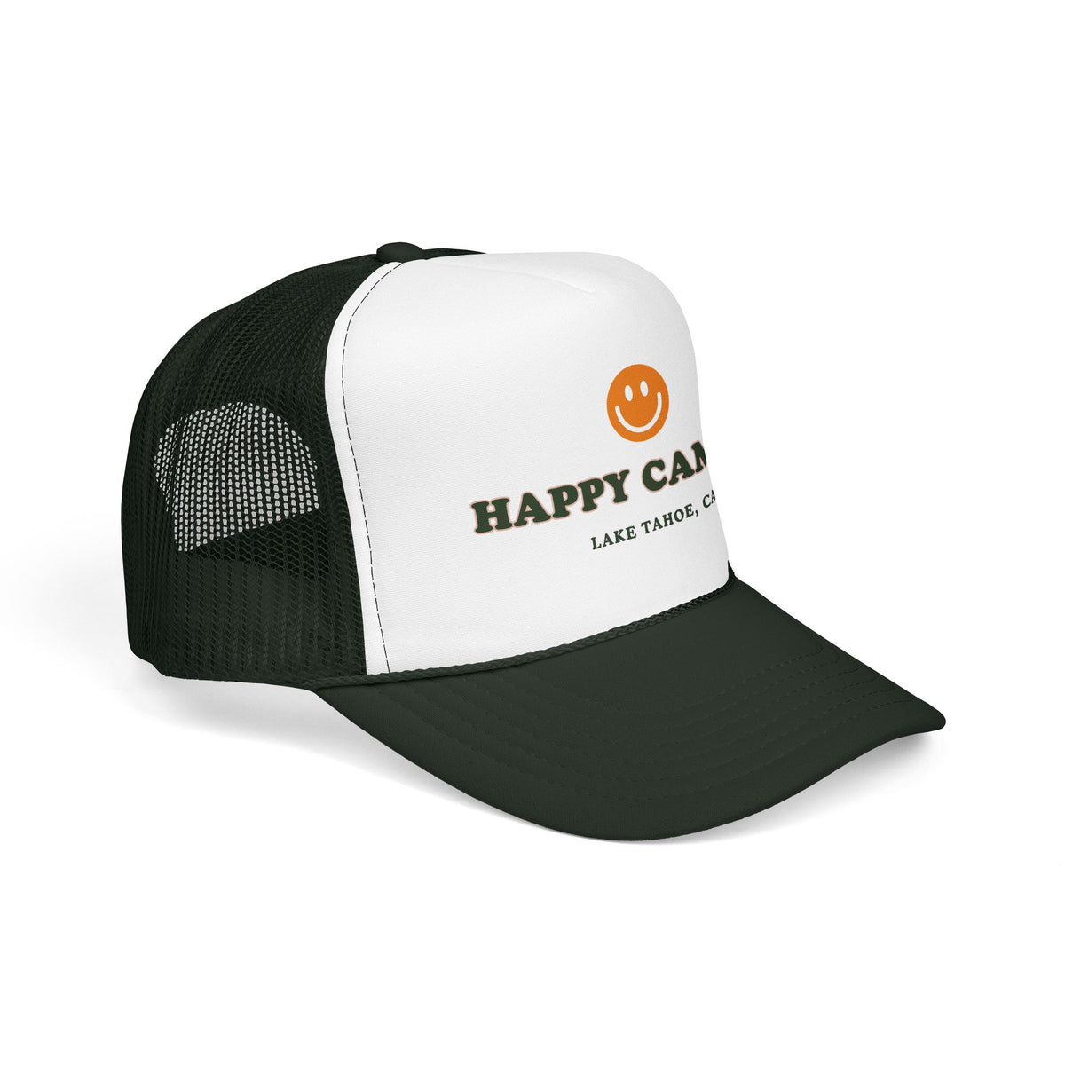 Happy Camper Trucker Hat — Lake Tahoe Smiley Foam Cap