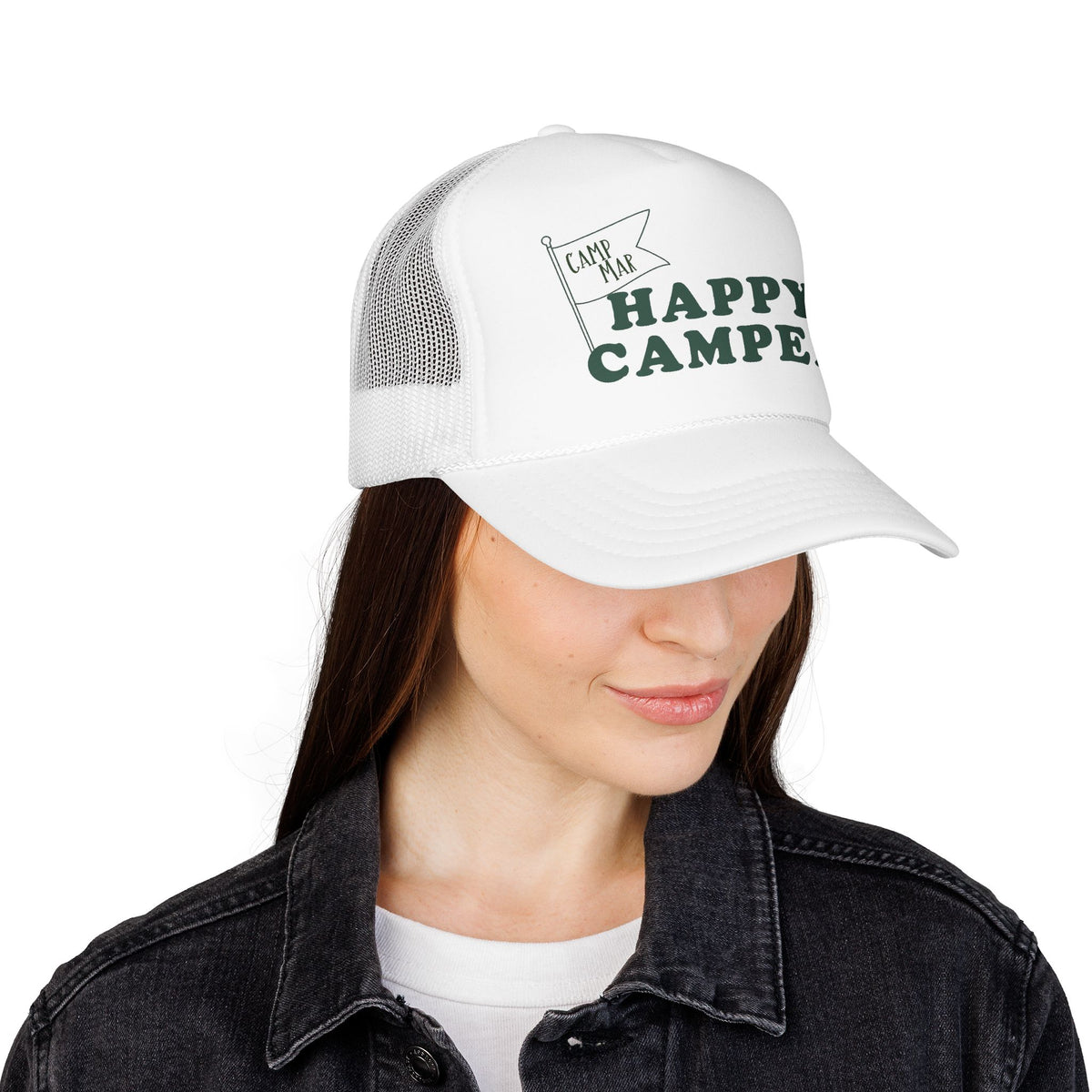 Happy Camper Trucker Hat — Retro Camp Flag Foam Cap