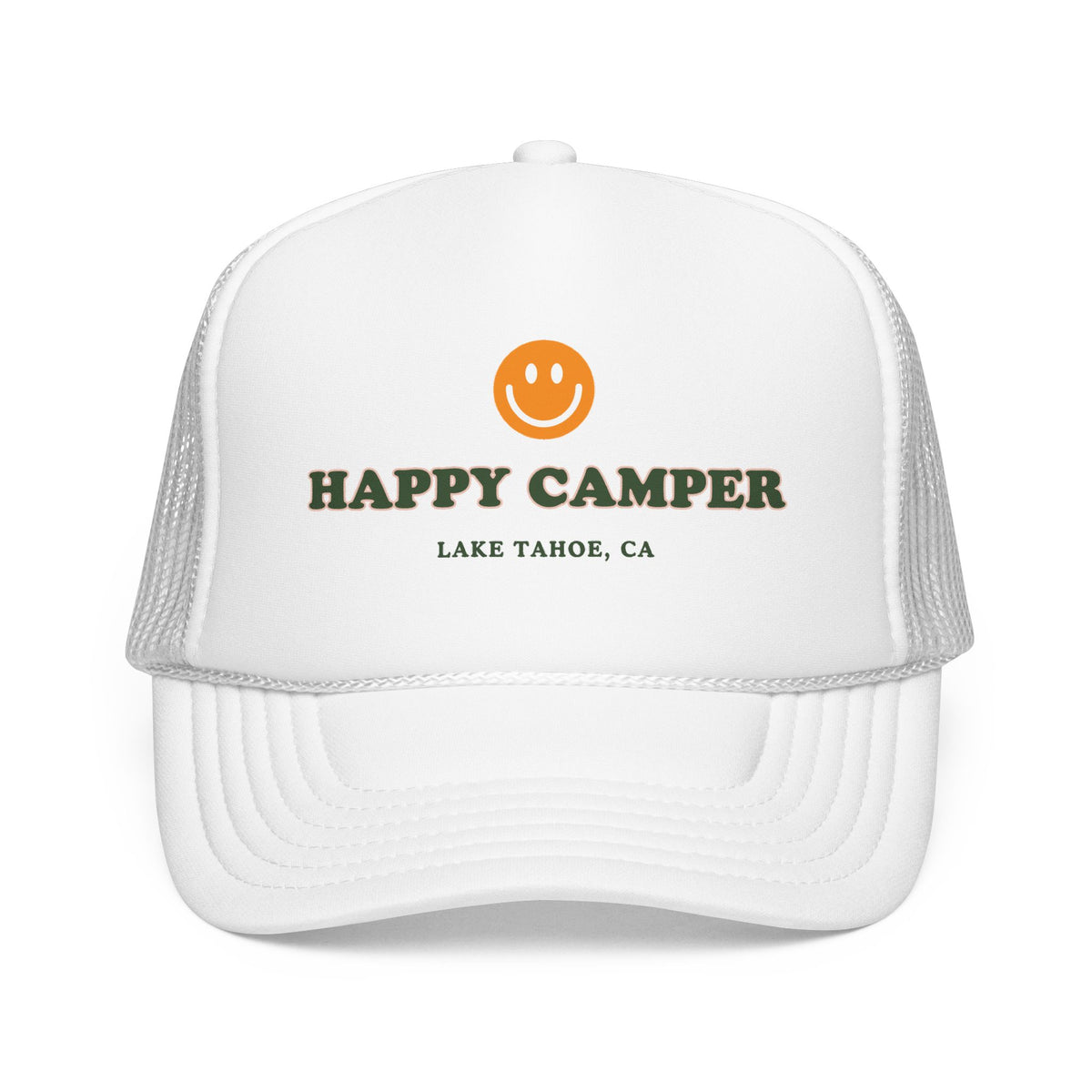 Happy Camper Trucker Hat — Lake Tahoe Smiley Foam Cap