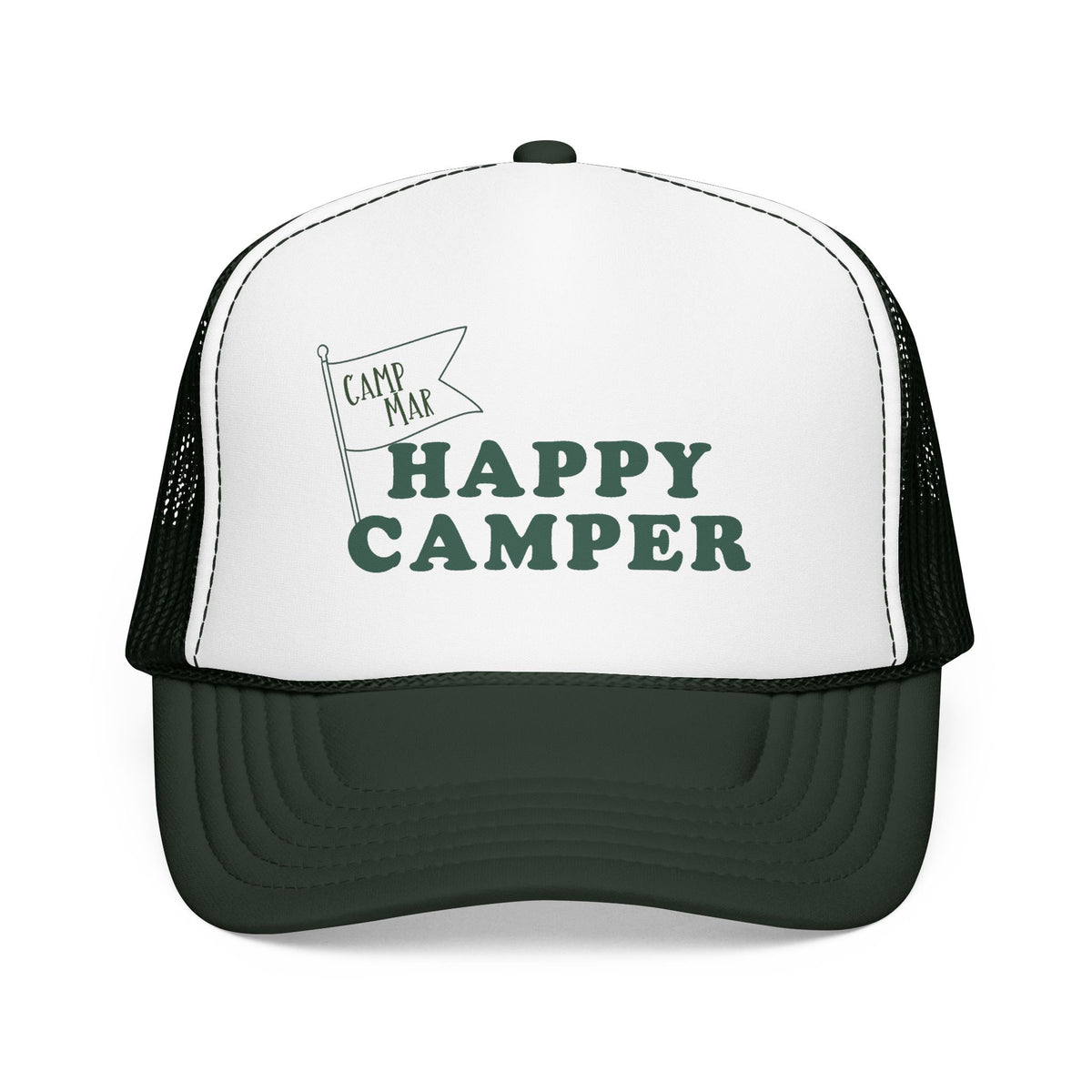 Happy Camper Trucker Hat — Retro Camp Flag Foam Cap