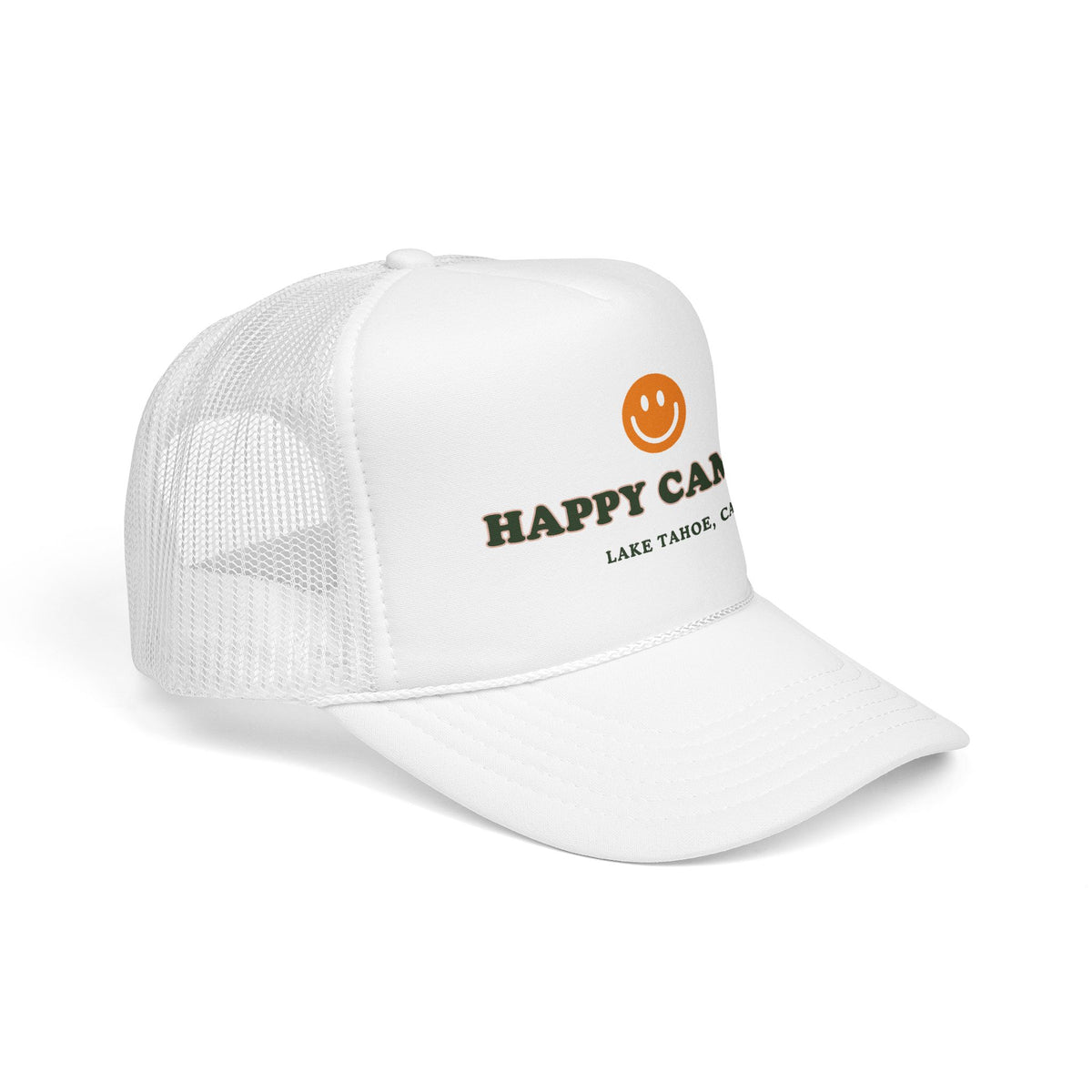 Happy Camper Trucker Hat — Lake Tahoe Smiley Foam Cap