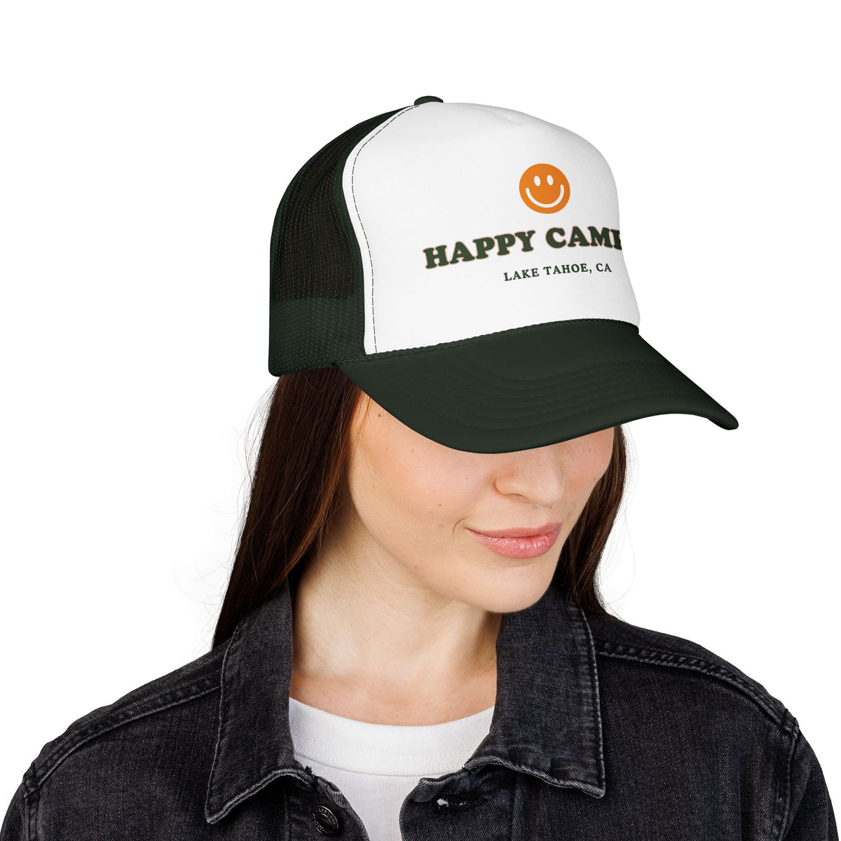 Happy Camper Trucker Hat — Lake Tahoe Smiley Foam Cap