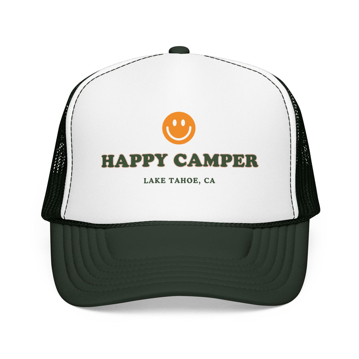 Happy Camper Trucker Hat — Lake Tahoe Smiley Foam Cap