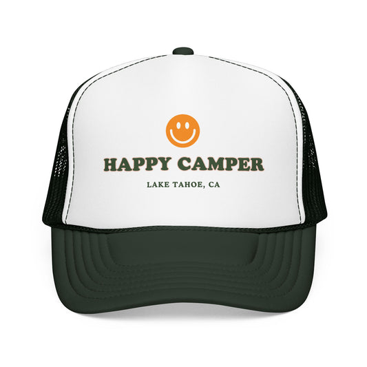 Happy Camper Trucker Hat — Lake Tahoe Smiley Foam Cap