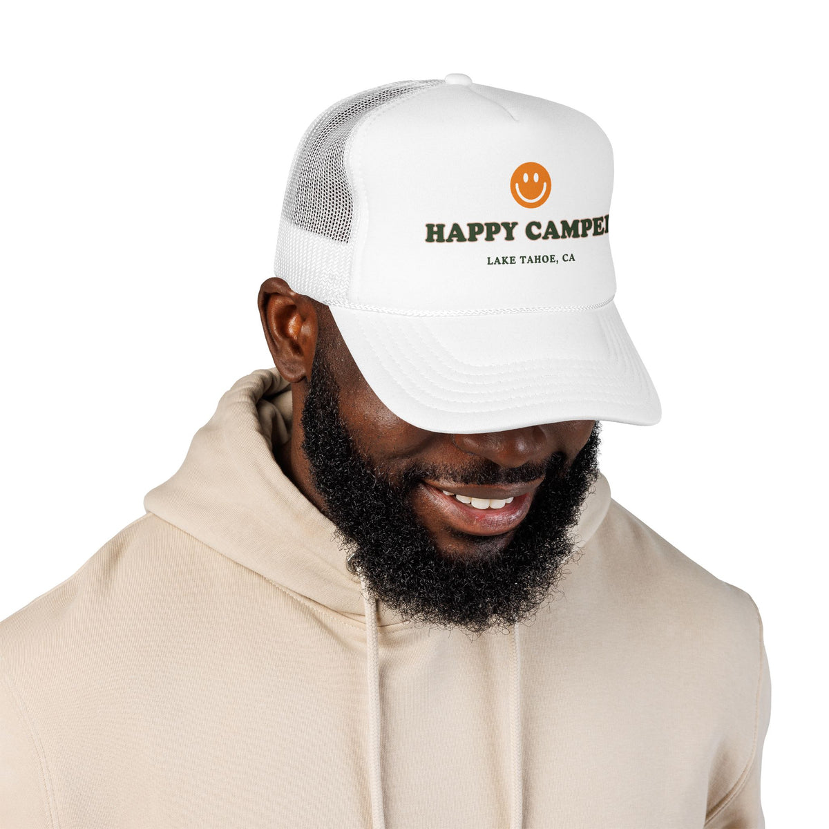 Happy Camper Trucker Hat — Lake Tahoe Smiley Foam Cap