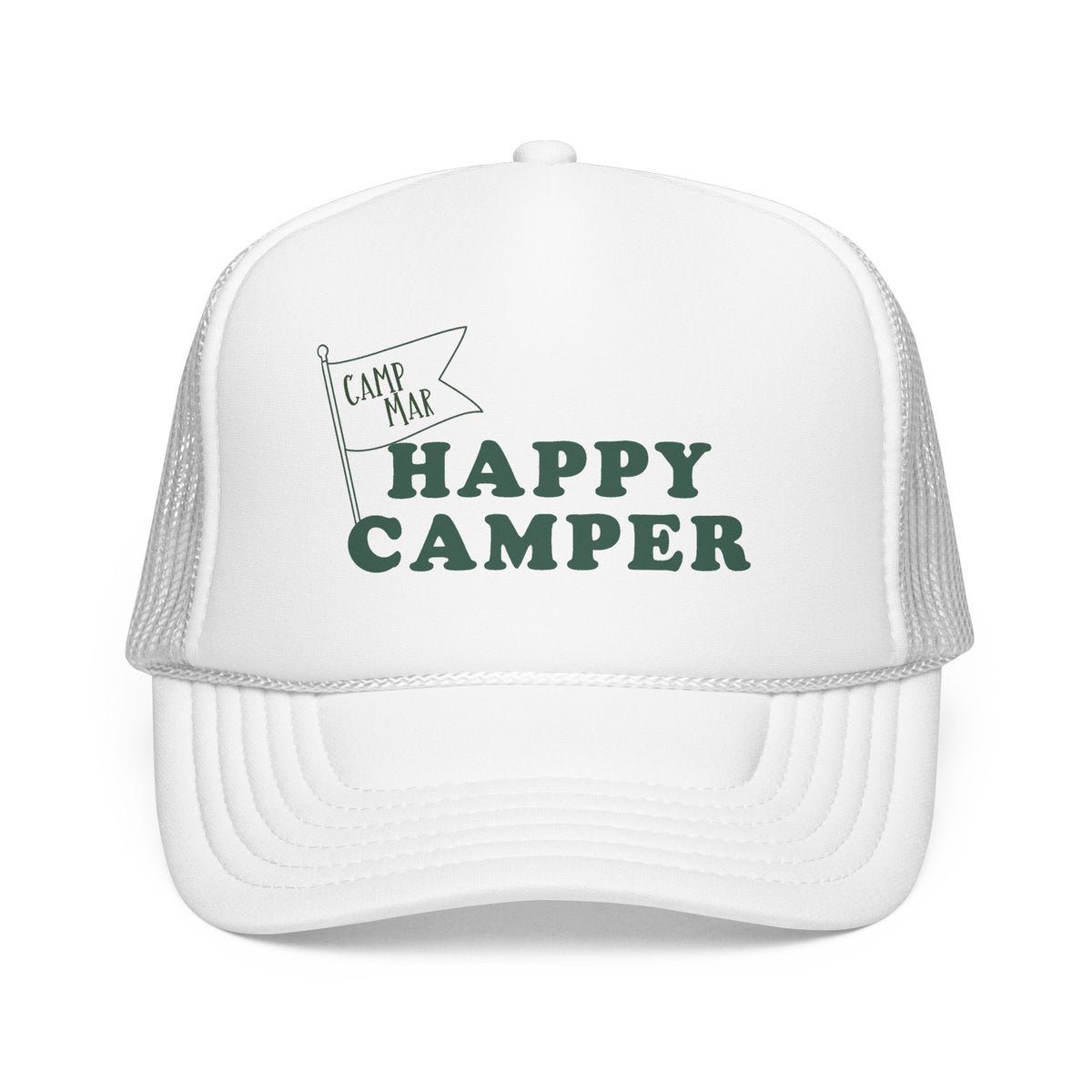 Happy Camper Trucker Hat — Retro Camp Flag Foam Cap
